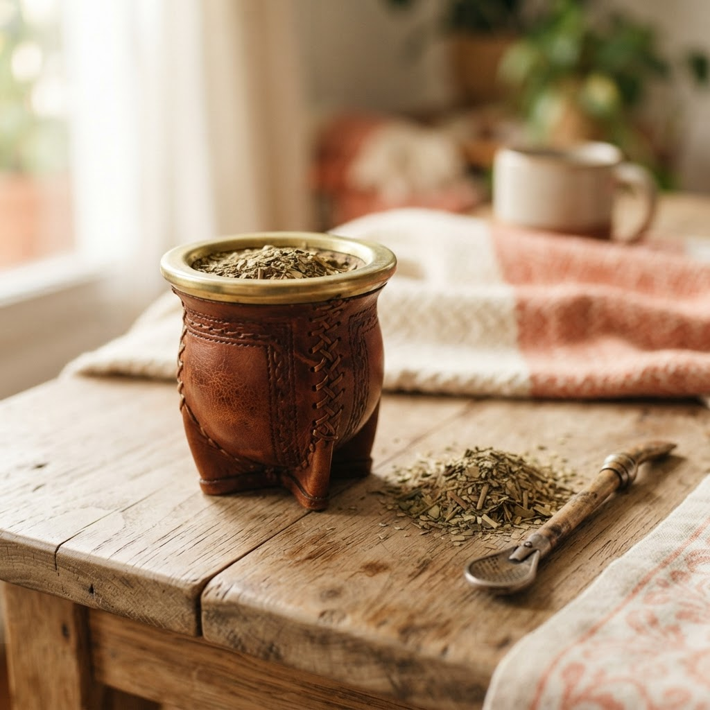 Mate artesanal forrado en cuero junto a una bombilla y yerba mate sobre una mesa de madera