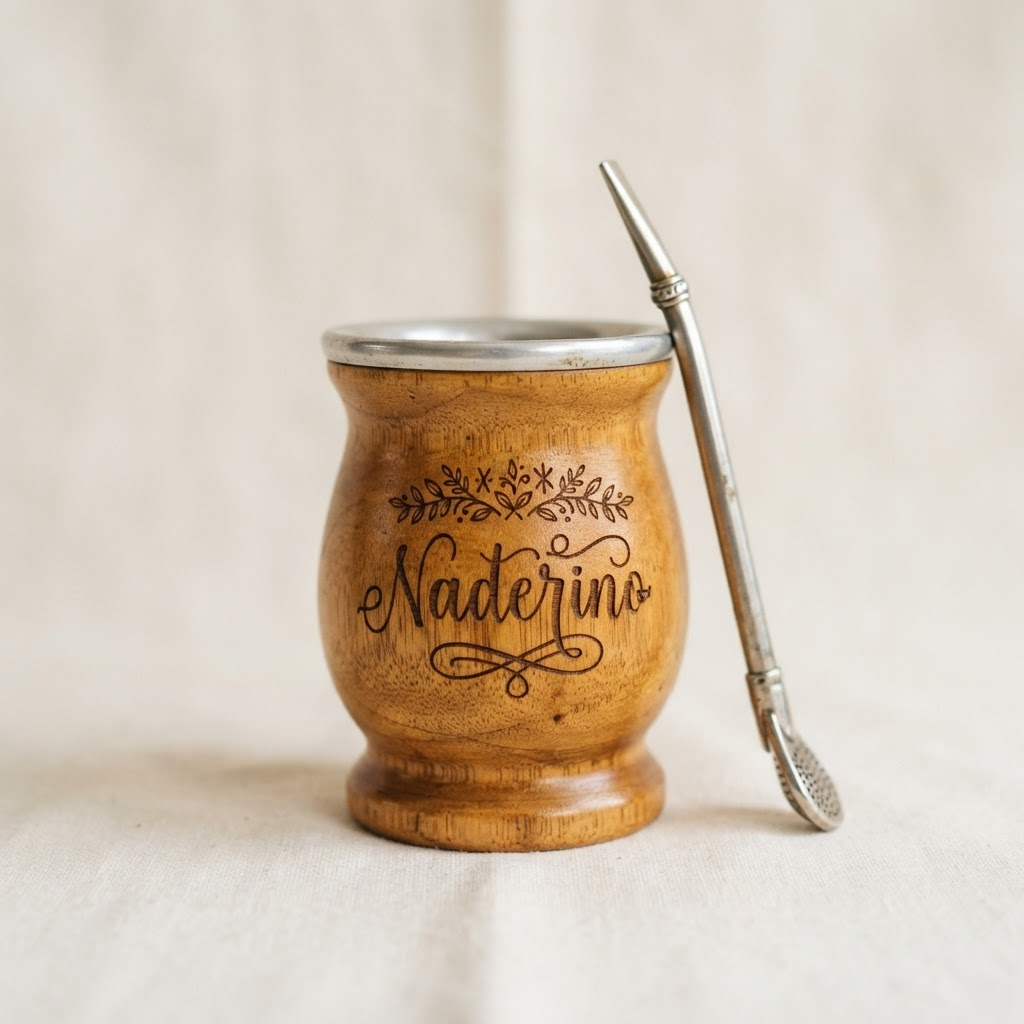 Mate de madera con nombre grabado, ejemplo de producto personalizado